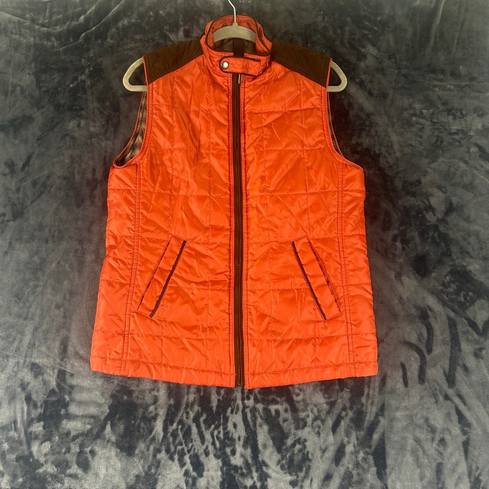 Alan Flusser Quilted Vest Mens Small Orange Brown Plaid Lined Full Zip